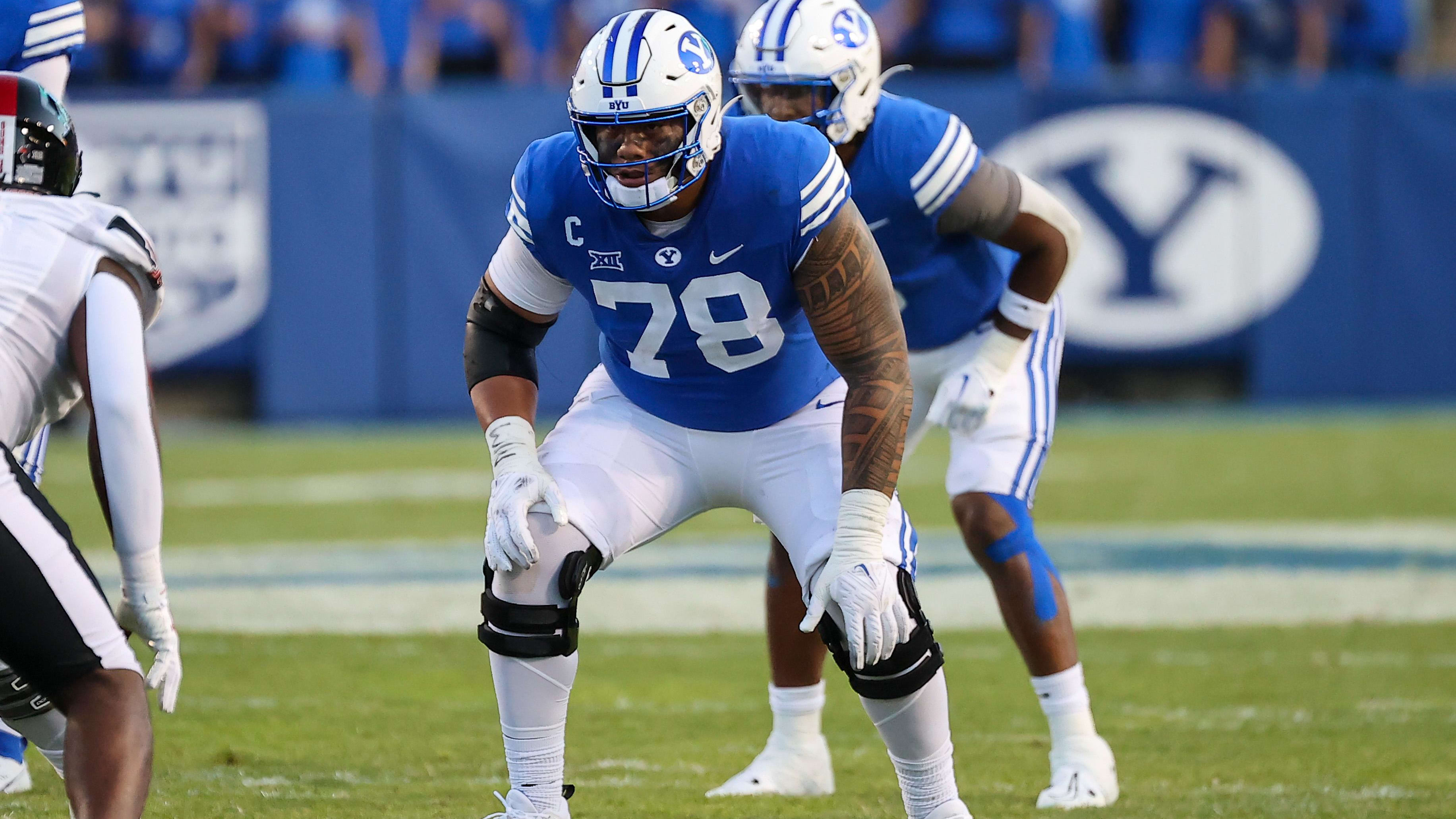 Brigham Young Cougars offensive lineman Kingsley Suamataia (78) sets up for the snap.