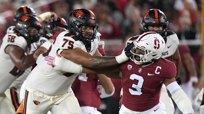 Oct 8, 2022; Stanford, California, USA; Oregon State Beavers offensive lineman Taliese Fuaga (75).