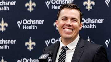 Feb 13, 2025; New Orleans, LA, USA;  New Orleans Saints introduce Kellen Moore as the head coach and he addresses the media at Ochsner Sports Performance Center. Mandatory Credit: Stephen Lew-Imagn Images