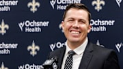Feb 13, 2025; New Orleans, LA, USA;  New Orleans Saints introduce Kellen Moore as the head coach and he addresses the media at Ochsner Sports Performance Center. Mandatory Credit: Stephen Lew-Imagn Images