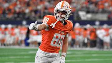 Celina's Wyatt Villarreal checks with the sideline referee during the 4A DI UIL Texas State Football Championship game against Kilgore on Friday, December 20, 2024 at AT&T Stadium in Arlington.