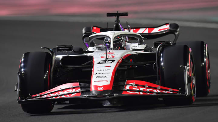 Nov 17, 2023; Las Vegas, Nevada, USA; Haas F1 driver Kevin Magnussen of Denmark (20) during free practice at Las Vegas Strip Circuit. Mandatory Credit: Gary A. Vasquez-USA TODAY Sports