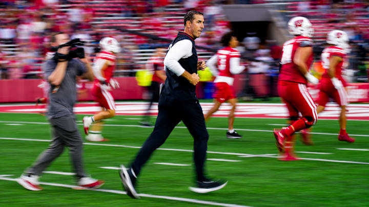 Wisconsin Badgers head coach Luke Fickell runs off the field after losing to the Ohio State Buckeyes after the game at Camp Randall Stadium on Saturday, Oct. 18, 2025 in Madison, Wisconsin.