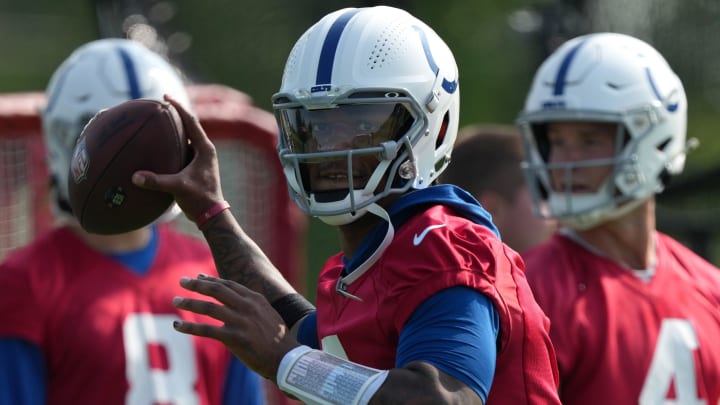 Indianapolis Colts quarterback Anthony Richardson (5) throws the ball during the first day of the Indianapolis Colts’ training camp Thursday, July 25, 2024, at Grand Park Sports Complex in Westfield.