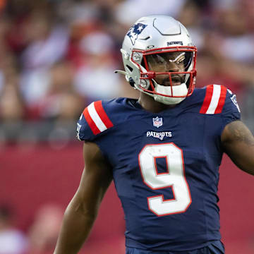 Dec 15, 2024; Glendale, Arizona, USA; New England Patriots wide receiver Kayshon Boutte (9) against the Arizona Cardinals at State Farm Stadium. Mandatory Credit: Mark J. Rebilas-Imagn Images