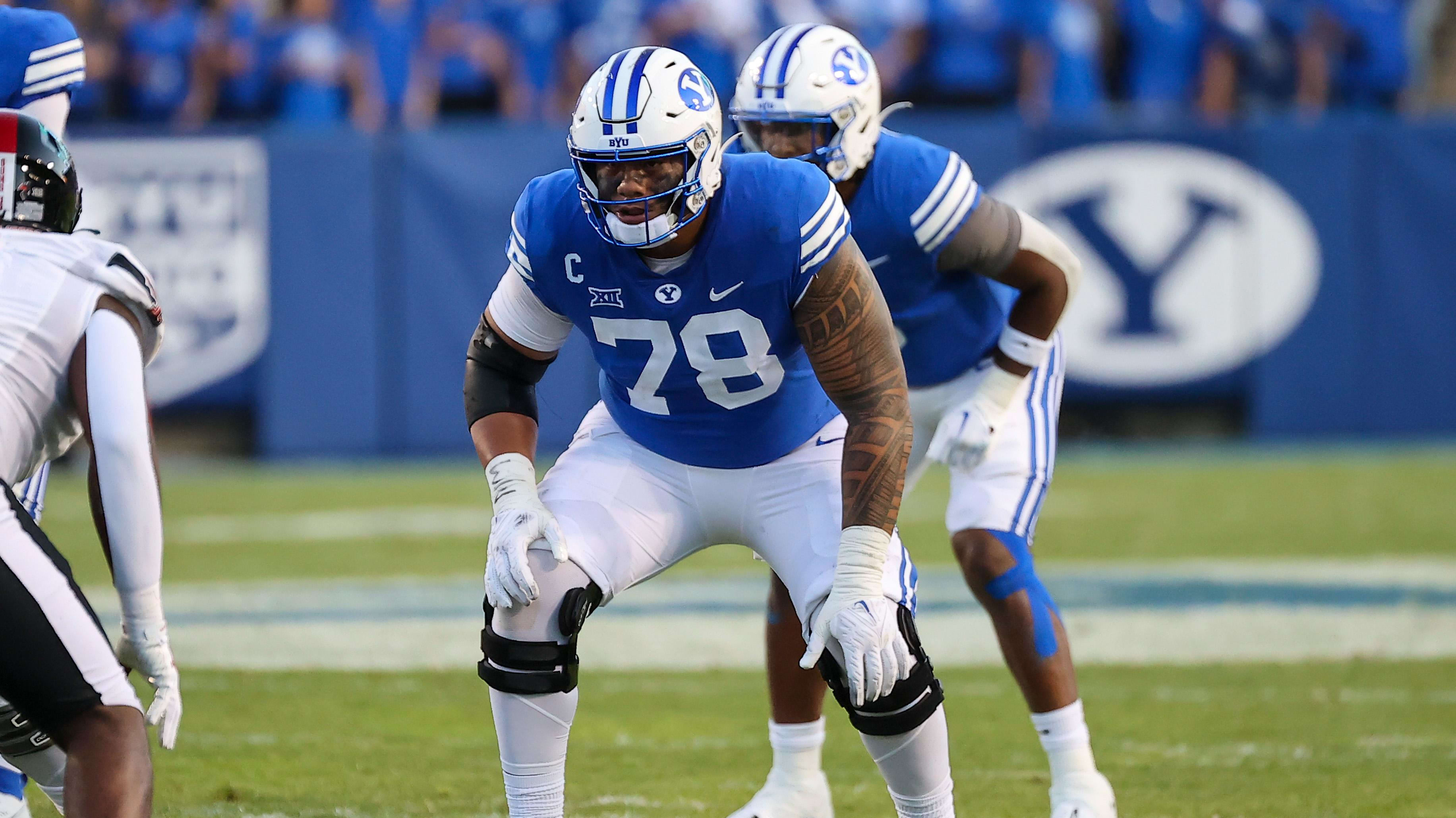 Oct 21, 2023; Provo, Utah, USA; Brigham Young Cougars offensive lineman Kingsley Suamataia (78)