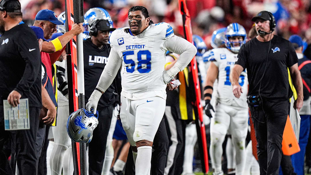Detroit Lions offensive tackle Penei Sewell (58) walks off the field after a play against Kansas City Chiefs during the first half at Arrowhead Stadium in Kansas City, Missouri on Sunday, Oct. 12, 2025.