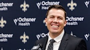 Feb 13, 2025; New Orleans, LA, USA;  New Orleans Saints introduce Kellen Moore as the head coach and he addresses the media at Ochsner Sports Performance Center. Mandatory Credit: Stephen Lew-Imagn Images