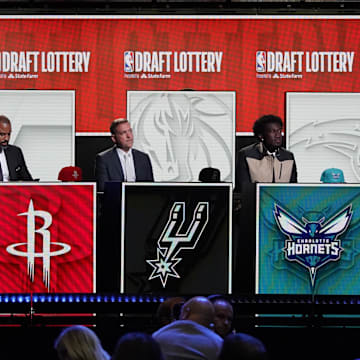 May 16, 2023; Chicago, IL, USA; A overall shot of the final four teams in the 2023 NBA Draft Lottery at McCormick Place West. Mandatory Credit: David Banks-Imagn Images