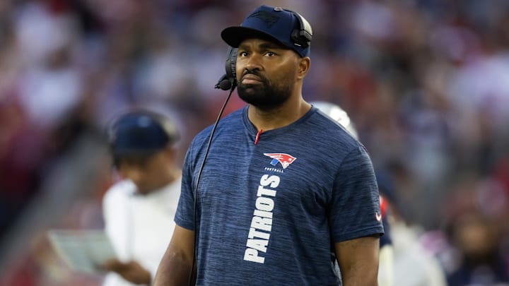 Dec 15, 2024; Glendale, Arizona, USA; New England Patriots head coach Jerod Mayo against the Arizona Cardinals in the second half at State Farm Stadium. Mandatory Credit: Mark J. Rebilas-Imagn Images