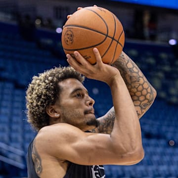 Oct 24, 2025; New Orleans, Louisiana, USA; San Antonio Spurs forward Jeremy Sochan (10) during warmups before the game against the New Orleans Pelicans at Smoothie King Center.
