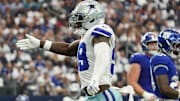 Dallas Cowboys linebacker Kenneth Murray Jr. reacts after a defensive play against the New York Giants.