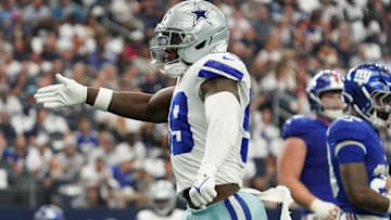 Dallas Cowboys linebacker Kenneth Murray Jr. reacts after a defensive play against the New York Giants.