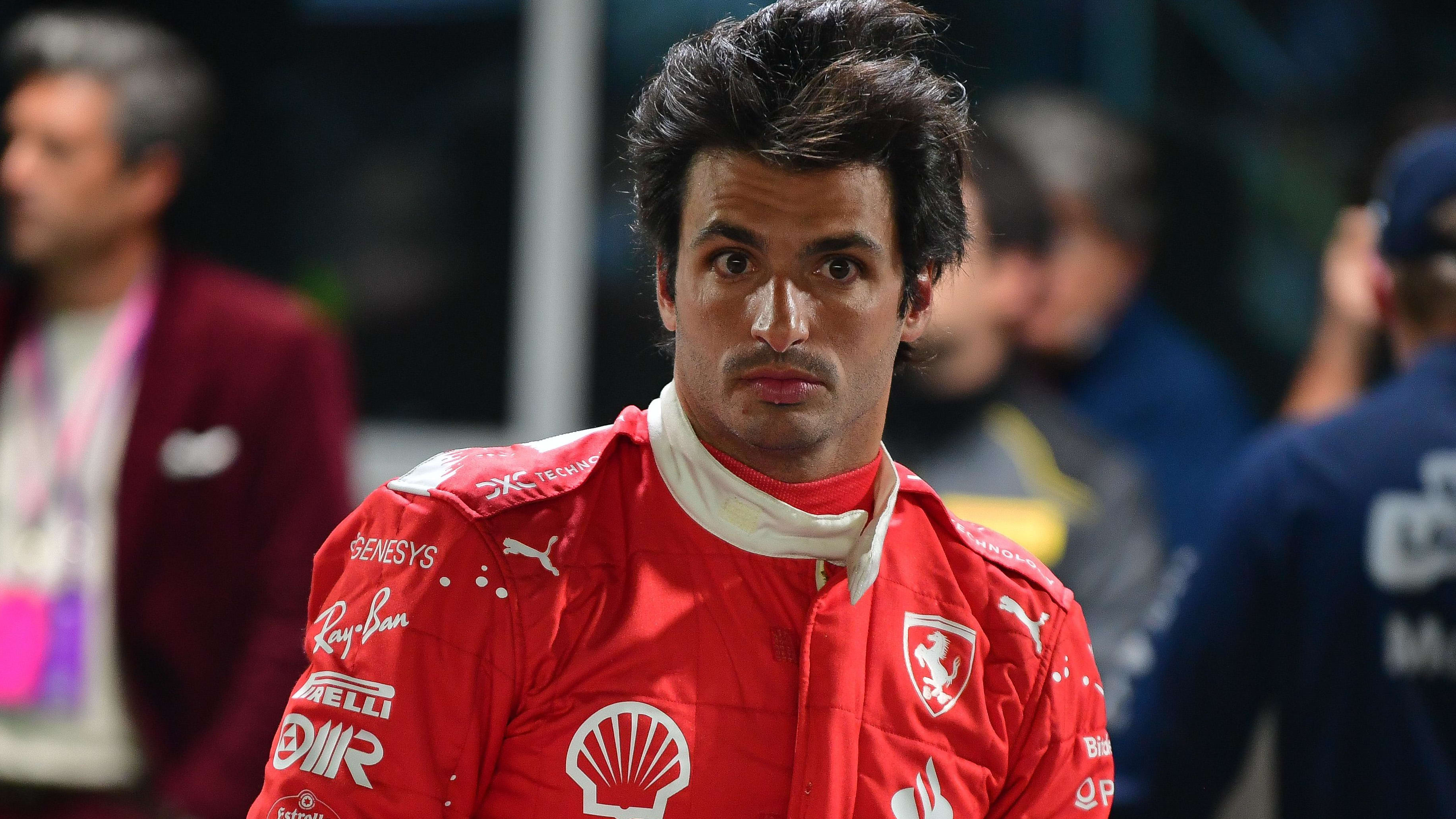 Nov 17, 2023; Las Vegas, Nevada, USA; Scuderia Ferrari driver Carlos Sainz Jr. of Spain (55) reacts