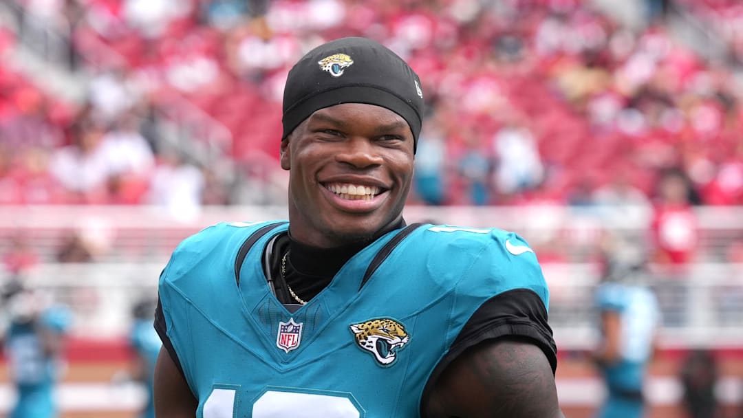 Sep 28, 2025; Santa Clara, California, USA; Jacksonville Jaguars wide receiver Travis Hunter (12) before the game against the San Francisco 49ers at Levi's Stadium. Mandatory Credit: Darren Yamashita-Imagn Images