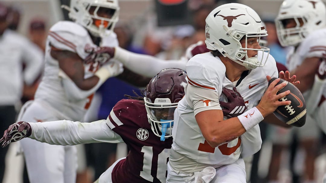 Mississippi State Bulldogs linebacker Derion Gullette (16) sacks Texas Longhorns quarterback Arch Manning (16), Oct. 25, 2025 at Davis Wade Stadium at Scott Field in Starkville, Mississippi.