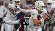 Mississippi State Bulldogs linebacker Derion Gullette (16) sacks Texas Longhorns quarterback Arch Manning (16), Oct. 25, 2025 at Davis Wade Stadium at Scott Field in Starkville, Mississippi.