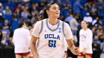 UCLA Bruins center Lauren Betts during warmups before an NCAA Tournament game against the Richmond Spiders.