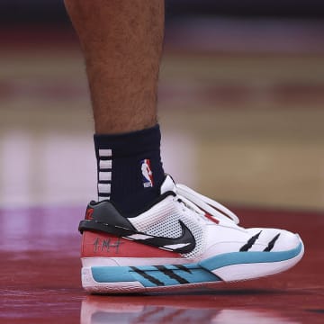 Mar 1, 2023; Houston, Texas, USA; View of the shoes of Memphis Grizzlies guard Ja Morant (12) during the game against the Houston Rockets at Toyota Center. Mandatory Credit: Troy Taormina-USA TODAY Sports