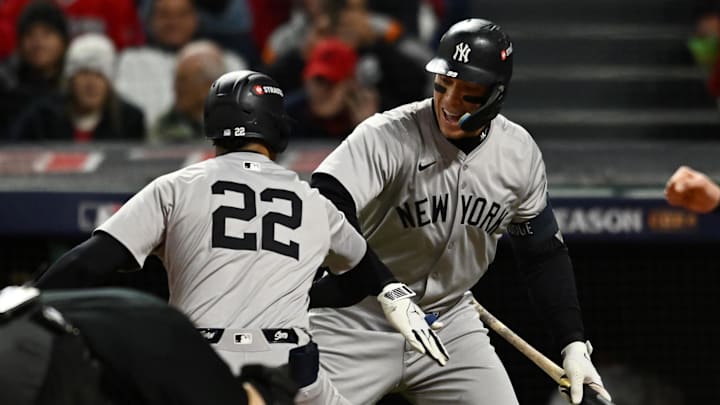 New York Yankees outfielder Juan Soto (22) celebrates with outfielder Aaron Judge (99) after hitting a two run home run against the Cleveland Guardians in the first inning during game four of the ALCS for the 2024 MLB playoffs at Progressive Field. New York Yankees outfielder Juan Soto (22) celebrates with outfielder Aaron Judge (99) after hitting a two run home run against the Cleveland Guardians in the first inning during game four of the ALCS for the 2024 MLB playoffs at Progressive Field.
