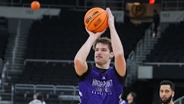 Mar 19, 2025; Providence, RI, USA; High Point Panthers forward Simon Hildebrandt (10) shoots the ball during the first round practice session at Amica Mutual Pavilion. Mandatory Credit: Gregory Fisher-Imagn Images