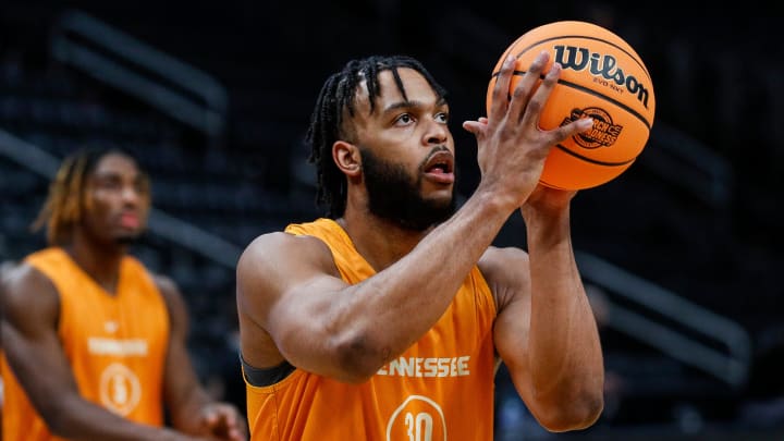 Tennessee guard Josiah-Jordan James (30) during open practice before the Midwest Regional Sweet 16 round at Little Caesars Arena in Detroit on Thursday, March 28, 2024.