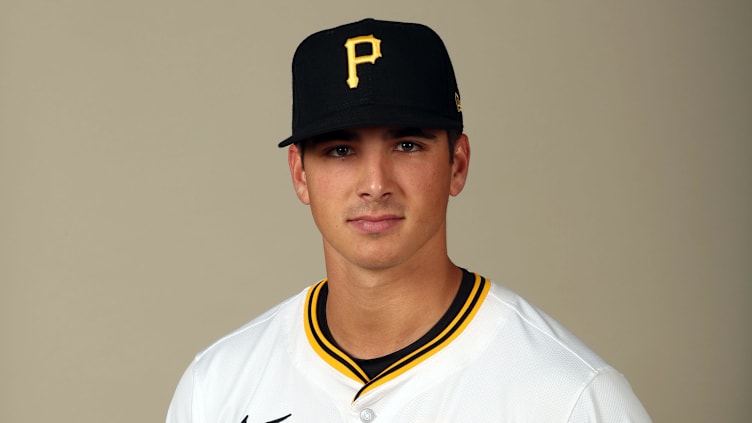 Feb 20, 2024; Bradenton, FL, USA;  Pittsburgh Pirates pitcher Thomas Harrington (78) poses for a photo during photo day at Pirate City. Mandatory Credit: Kim Klement Neitzel-USA TODAY Sports