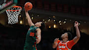 Feb 11, 2025; Coral Gables, Florida, USA; Miami Hurricanes guard Divine Ugochukwu (99) drives to the basket past Syracuse Orange guard J.J. Starling (2) during the second half at Watsco Center. Mandatory Credit: Sam Navarro-Imagn Images