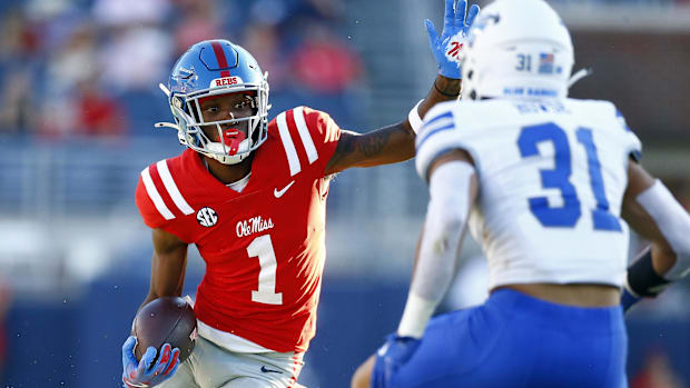 Mississippi Rebels wide receiver Ayden Williams runs after a catch.