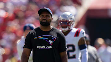 Sep 29, 2024; Santa Clara, California, USA; New England Patriots head coach Jerod Mayo during warmups before the start of the game against the San Francisco 49ers at Levi's Stadium. Mandatory Credit: Neville E. Guard-Imagn Images