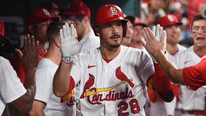 Aug 12, 2022; St. Louis, Missouri, USA; St. Louis Cardinals third baseman Nolan Arenado (28) is congratulated after hitting a solo home run against the Milwaukee Brewers in the sixth inning at Busch Stadium. Mandatory Credit: Joe Puetz-Imagn Images Aug 12, 2022; St. Louis, Missouri, USA; St. Louis Cardinals third baseman Nolan Arenado (28) is congratulated after hitting a solo home run against the Milwaukee Brewers in the sixth inning at Busch Stadium. Mandatory Credit: Joe Puetz-Imagn Images