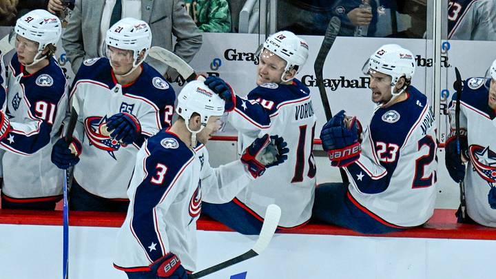 Jan 30, 2026; Chicago, Illinois, USA;  Columbus Blue Jackets center Charlie Coyle (3) celebrates with teammates after scoring against the Chicago Blackhawks during the second period at the United Center. Mandatory Credit: Matt Marton-Imagn Images