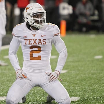 Nov 10, 2018; Lubbock, TX, USA; Texas Longhorns defensive cornerback Kris Boyd (2) reacts to a play by the Texas Tech Red Raiders at Jones AT&T Stadium. Mandatory Credit: Michael C. Johnson-Imagn Images