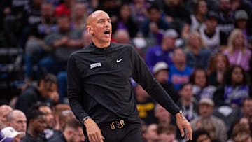 Jan 19, 2025; Sacramento, California, USA; Sacramento Kings interim head coach Doug Christie calls out to his team during the fourth quarter of the game against the Washington Wizards at Golden 1 Center. Mandatory Credit: Ed Szczepanski-Imagn Images
