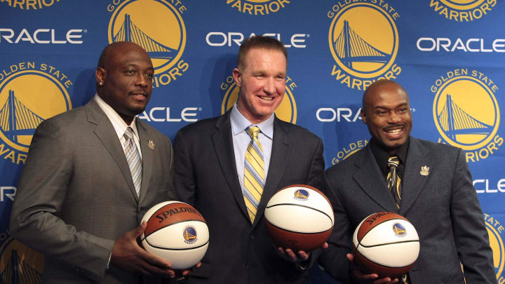 March 19, 2012; Oakland, CA, USA; Golden State Warriors former players Mitch Richmond , Chris Mullin and Tim Hardaway smile for the media before Mullin's #17 jersey is retired before the game against the Minnesota Timberwolves at Oracle Arena. Mandatory Credit: Kelley L Cox-USA TODAY Sports