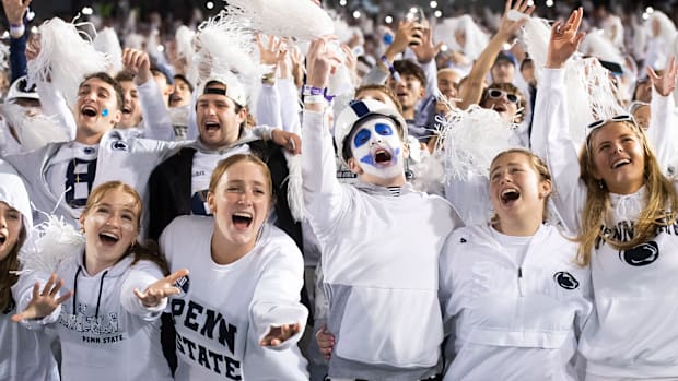 Penn State students sing along to a song during a White Out football game against Iowa Saturday, Sept. 23, 2023, in State Col