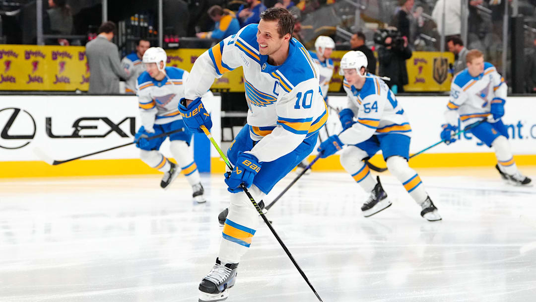 Jan 10, 2026; Las Vegas, Nevada, USA; St. Louis Blues center Brayden Schenn (10) warms up before a game against the Vegas Golden Knights at T-Mobile Arena. Mandatory Credit: Stephen R. Sylvanie-Imagn Images