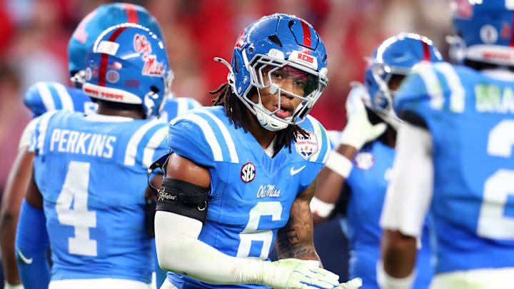Jan 8, 2026; Glendale, AZ, USA; Mississippi Rebels linebacker TJ Dottery (6) against the Miami Hurricanes during the 2026 Fiesta Bowl and semifinal game of the College Football Playoff at State Farm Stadium. Mandatory Credit: Mark J. Rebilas-Imagn Images
