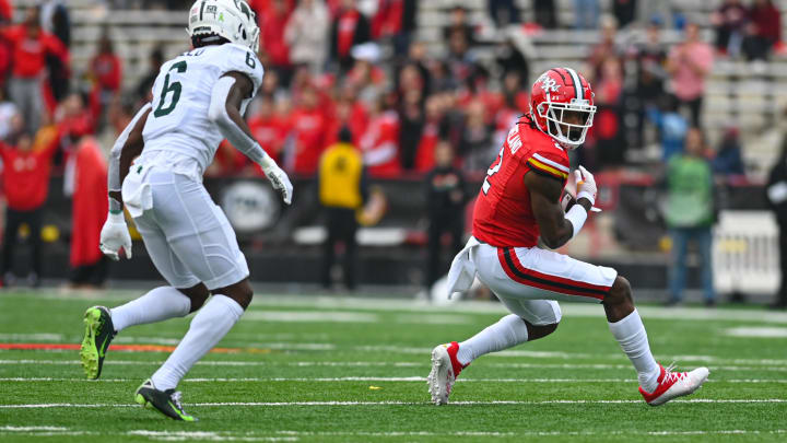 Oct 1, 2022; College Park, Maryland, USA;  Maryland Terrapins wide receiver Jacob Copeland (2) cuts in front of Michigan State Spartans cornerback Ameer Speed (6) during the first quarter at Capital One Field at Maryland Stadium. Mandatory Credit: Tommy Gilligan-USA TODAY Sports