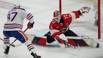 Florida Panthers goaltender Sergei Bobrovsky defends against Edmonton Oilers forward Connor McDavid during Game 7 of the 2024 Stanley Cup Final