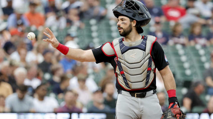 Jul 30, 2024; Detroit, Michigan, USA;  Cleveland Guardians catcher Austin Hedges (27) gets a ball from the umpire in the second inning against the Cleveland Guardians at Comerica Park. Mandatory Credit: Rick Osentoski-USA TODAY Sports