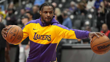 Nov 1, 2024; Toronto, Ontario, CAN; Los Angeles Lakers guard Bronny James (9) during warm-up before a game against the Toronto Raptors at Scotiabank Arena. Mandatory Credit: John E. Sokolowski-Imagn Images