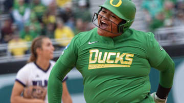 Oregon’s Stefini Ma'ake had one of the few highlights in a game that was all Stanford, ripping a run-scoring single into the left field corner in the 4th
