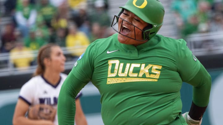 Oregon’s Stefini Ma'ake had one of the few highlights in a game that was all Stanford, ripping a run-scoring single into the left field corner in the 4th