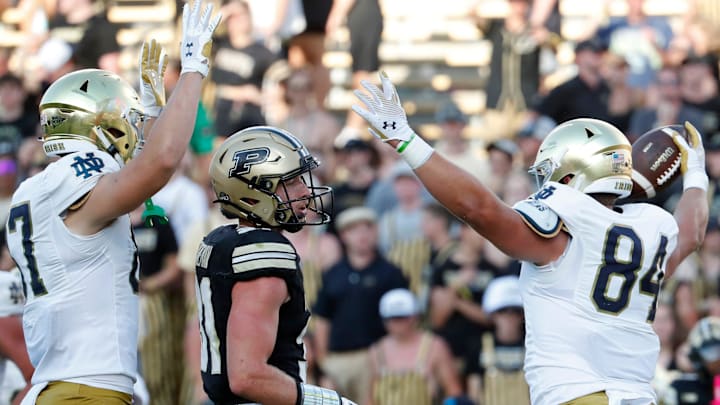 Notre Dame Fighting Irish tight end Cooper Flanagan (87) and Notre Dame Fighting Irish tight end Kevin Bauman (84) celebrates in front of Purdue Boilermakers defensive back Dillon Thieneman (31) after a Notre Dame Fighting Irish touchdown Saturday, Sept. 14, 2024, during the NCAA football game at Ross-Ade Stadium in West Lafayette, Ind. Notre Dame Fighting Irish won 66-7.