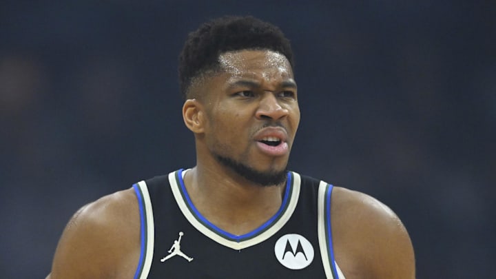 Milwaukee Bucks forward Giannis Antetokounmpo (34) reacts in the first quarter against the Cleveland Cavaliers at Rocket Arena on Nov 17, 2025.