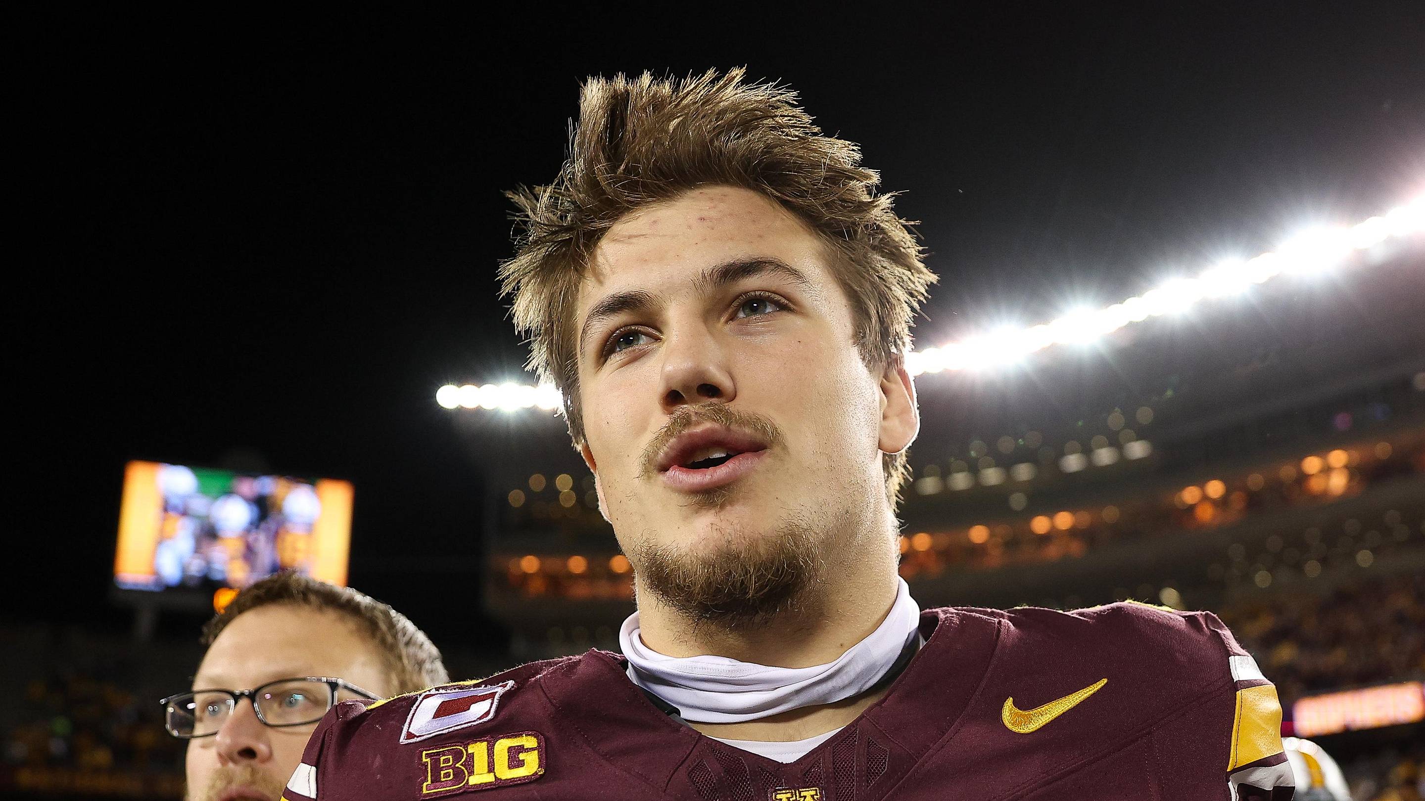 Oct 11, 2025; Minneapolis, Minnesota, USA; Minnesota Golden Gophers defensive back Koi Perich (3) reacts to his teams win after the game against the Purdue Boilermakers at Huntington Bank Stadium.
