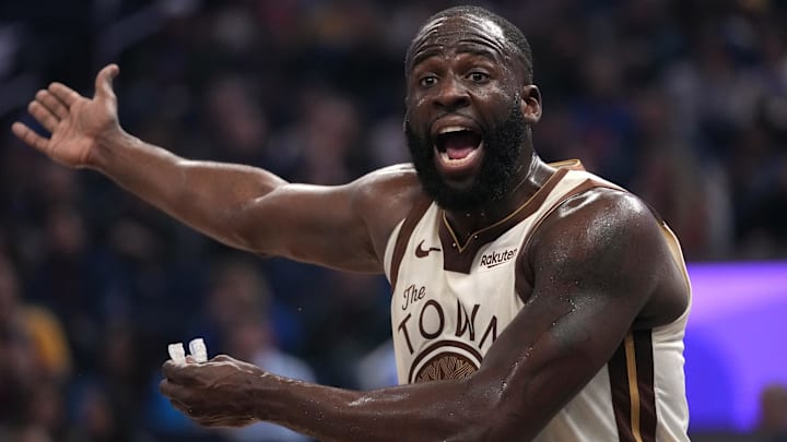 Jan 30, 2026; San Francisco, California, USA; Golden State Warriors forward Draymond Green (23) reacts after the Warriors committed a turnover against the Detroit Pistons in the first quarter at the Chase Center. Mandatory Credit: Cary Edmondson-Imagn Images