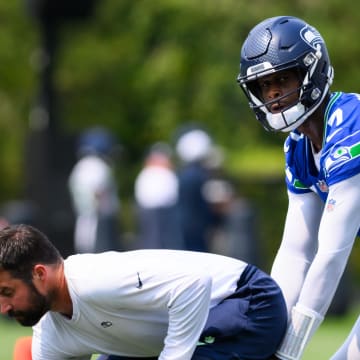 Jul 27, 2024; Renton, WA, USA; Seattle Seahawks quarterback Geno Smith (7) during training camp at Virginia Mason Athletic Center. Mandatory Credit: Steven Bisig-USA TODAY Sports