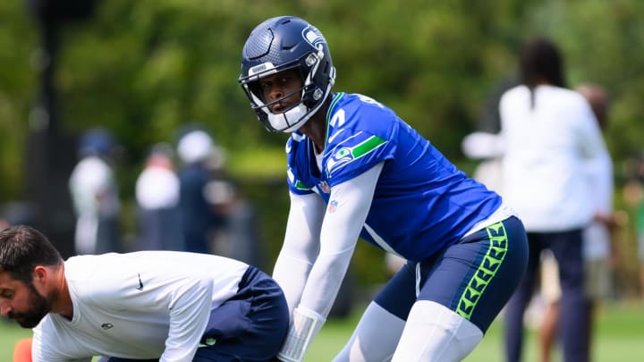 Jul 27, 2024; Renton, WA, USA; Seattle Seahawks quarterback Geno Smith (7) during training camp at Virginia Mason Athletic Center. Mandatory Credit: Steven Bisig-USA TODAY Sports